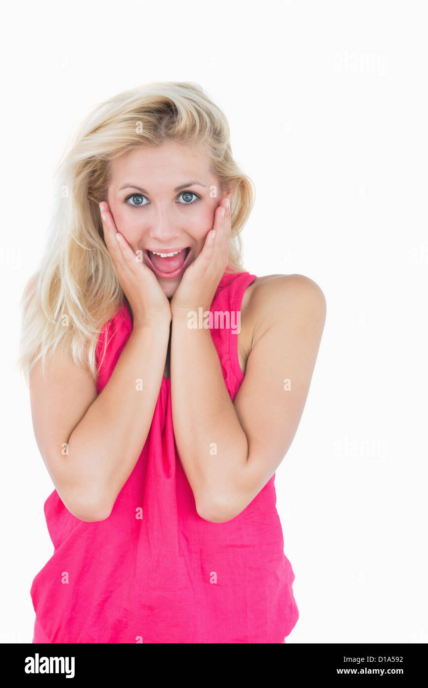Portrait of happy surprised casual young woman Stock Photo - Alamy