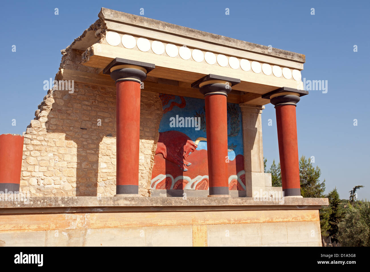 Knossos Palace: North Entrance with Charging Bull Fresco Stock Photo