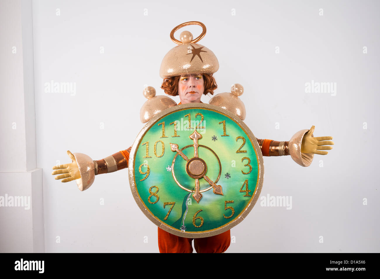 actor costume carnival theatre play person posing one alarm clock man Stock Photo