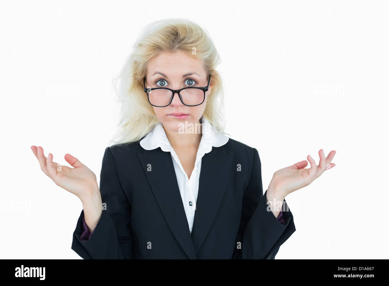 Portrait of a business woman gesturing do not know sign Stock Photo