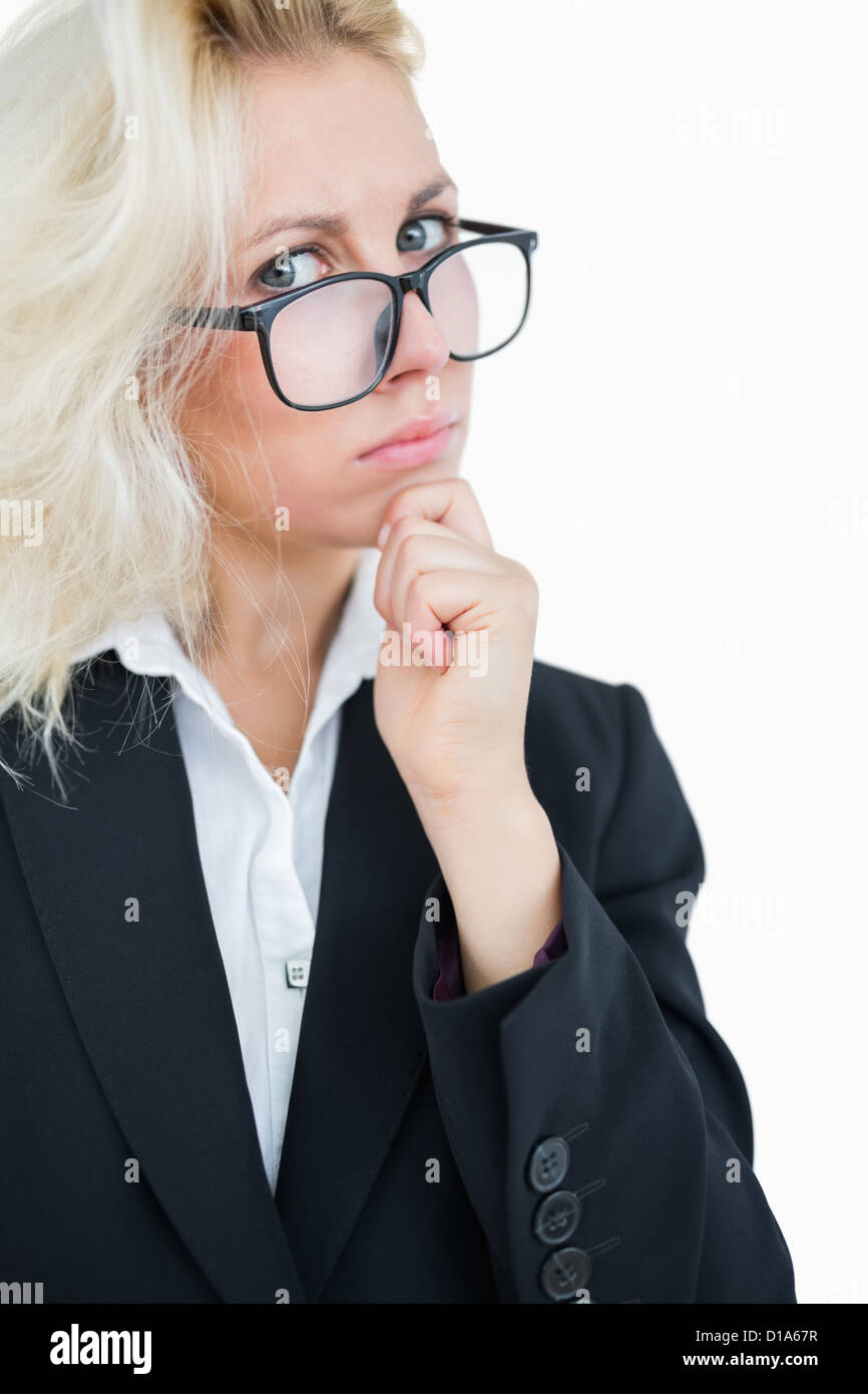 Portrait of thoughtful business woman with hand on chin Stock Photo - Alamy