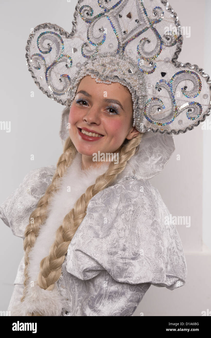 actor costume carnival theatre play person posing one snegurochka santa woman girl snow Stock Photo