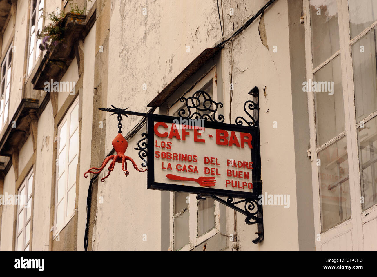 Sign for La casa del buen pulpo, the house of good octopus. Santiago de Compostela, Galicia, Spain. 29Jun12 Stock Photo