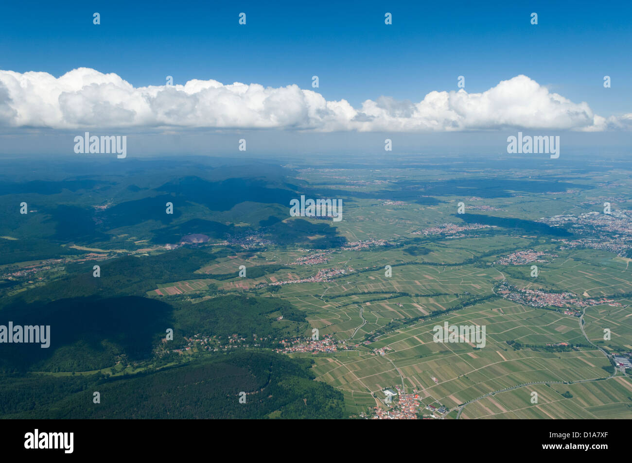Aerial view of Haardt Mountains and plain near Eschbach village, west of Landau in der Pflaz town, Rheinland Pfalz, Germany Stock Photo