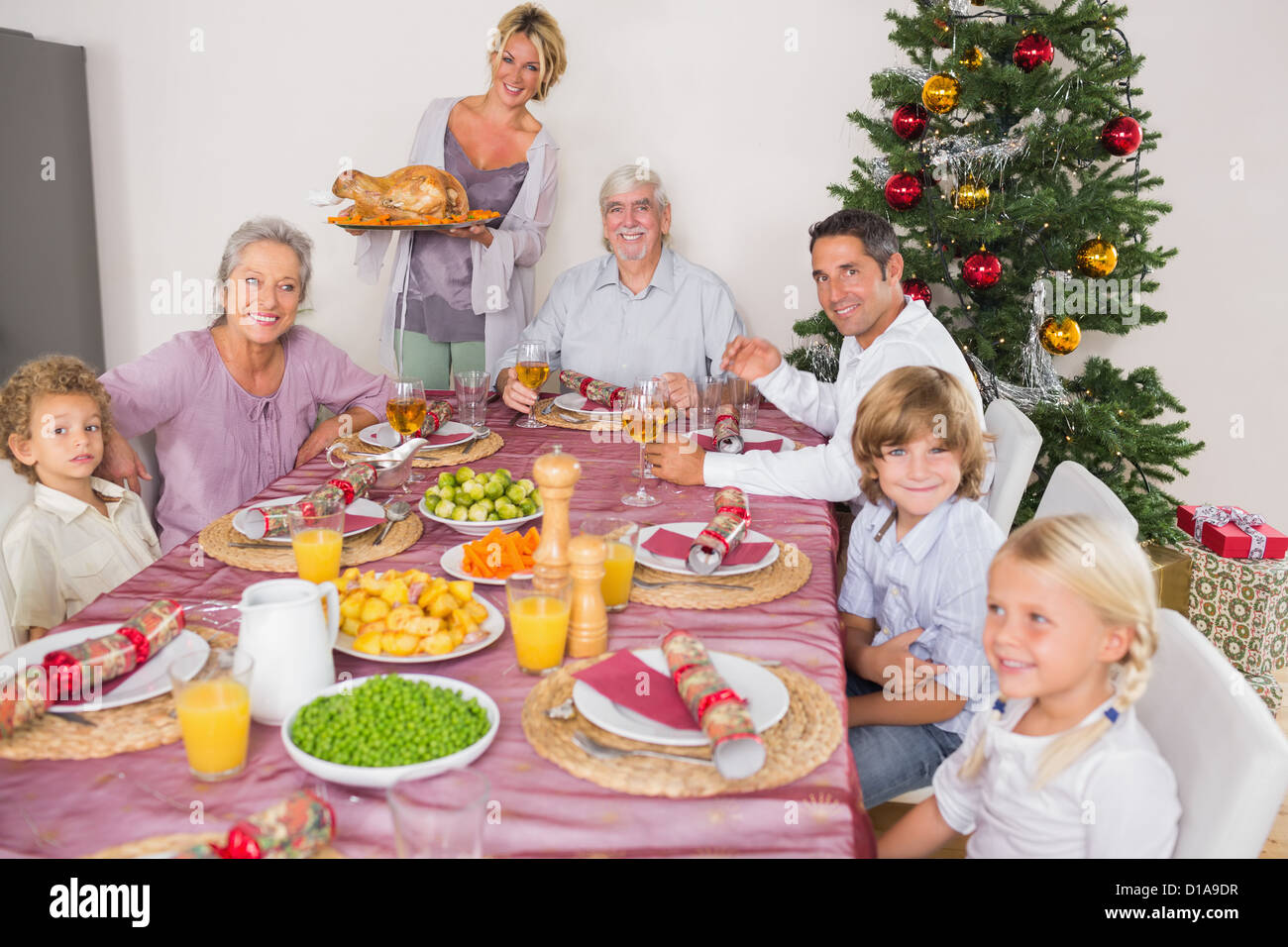 Mother bringing turkey to dinner table Stock Photo Alamy