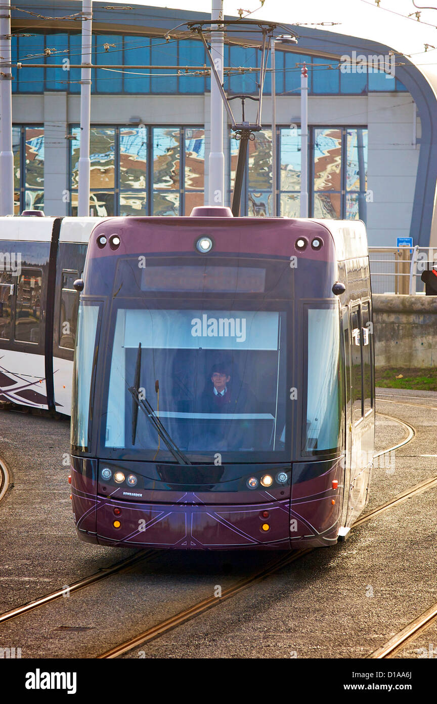 Bombardier tram leaving the new tram depot in Blackpool,Lancashire,UK Stock Photo