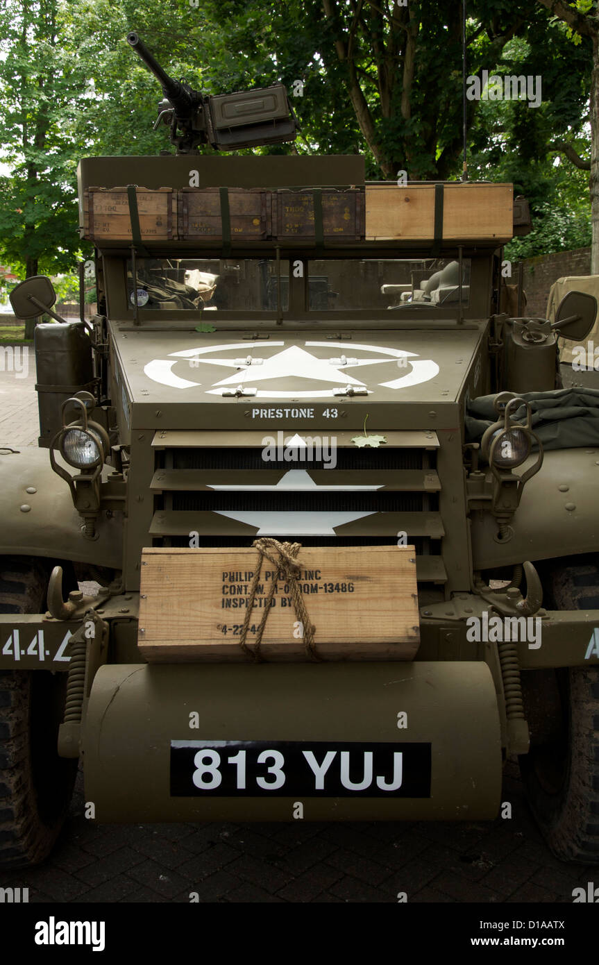 Military vehicle. Close up of a World War 2 American M3 Half-track with an allied invasion star painted on the bonnet, on display in Dorchester. UK. Stock Photo