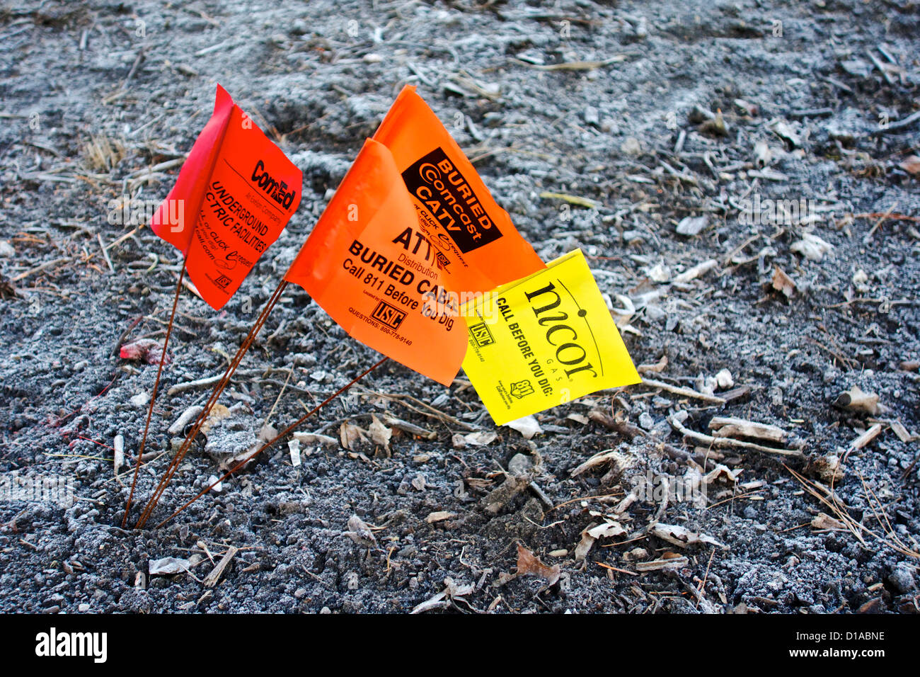 Buried cable marker flags Stock Photo