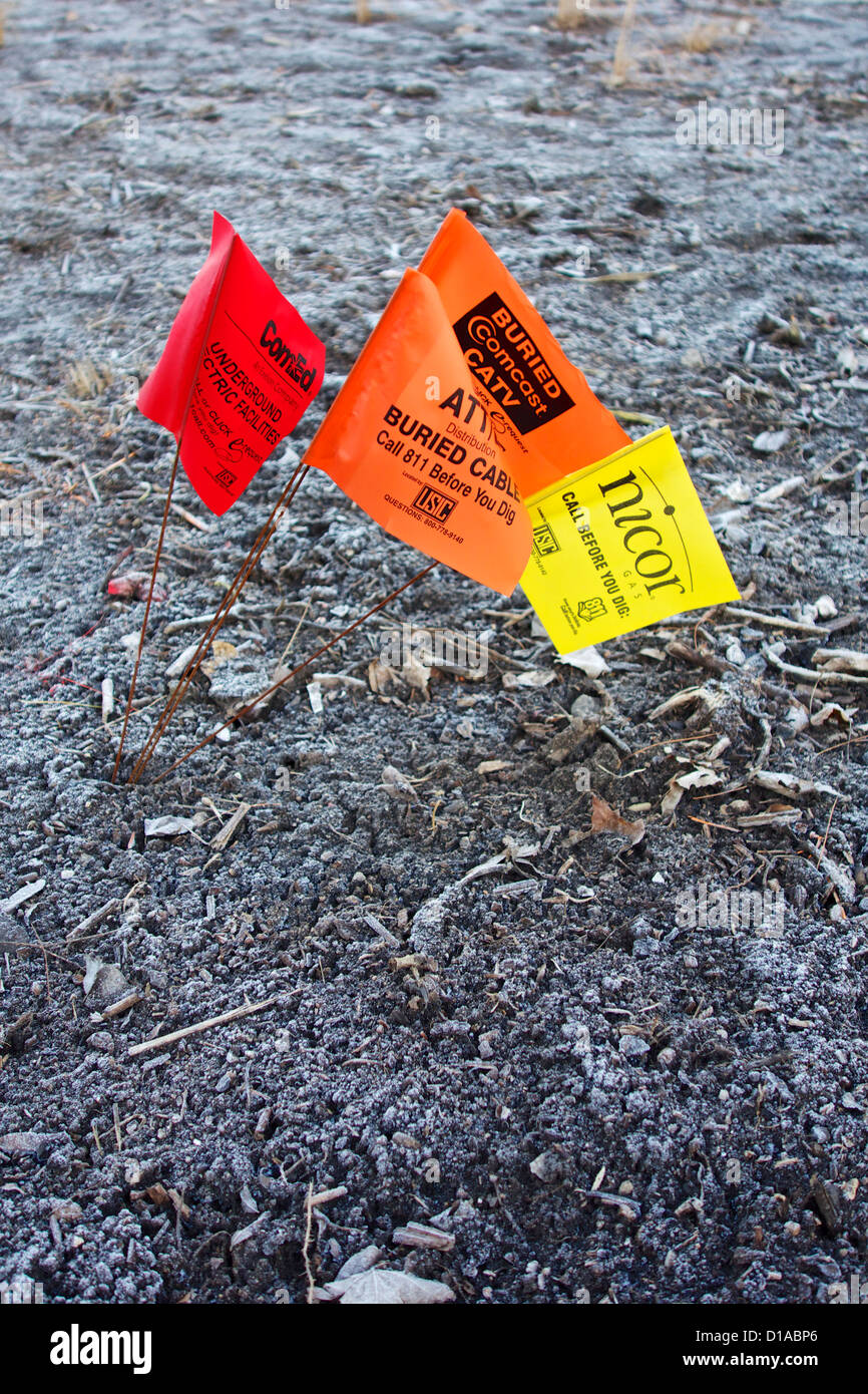 Buried cable marker flags Stock Photo