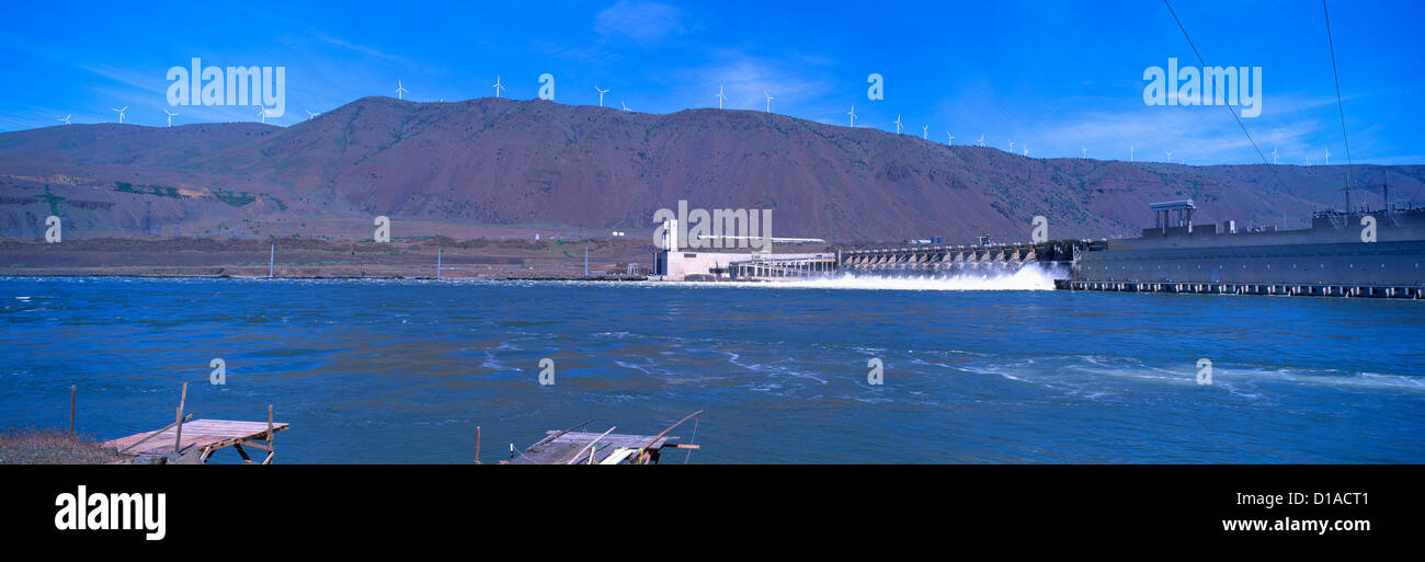John Day Lock and Dam spanning Columbia River, from Oregon to