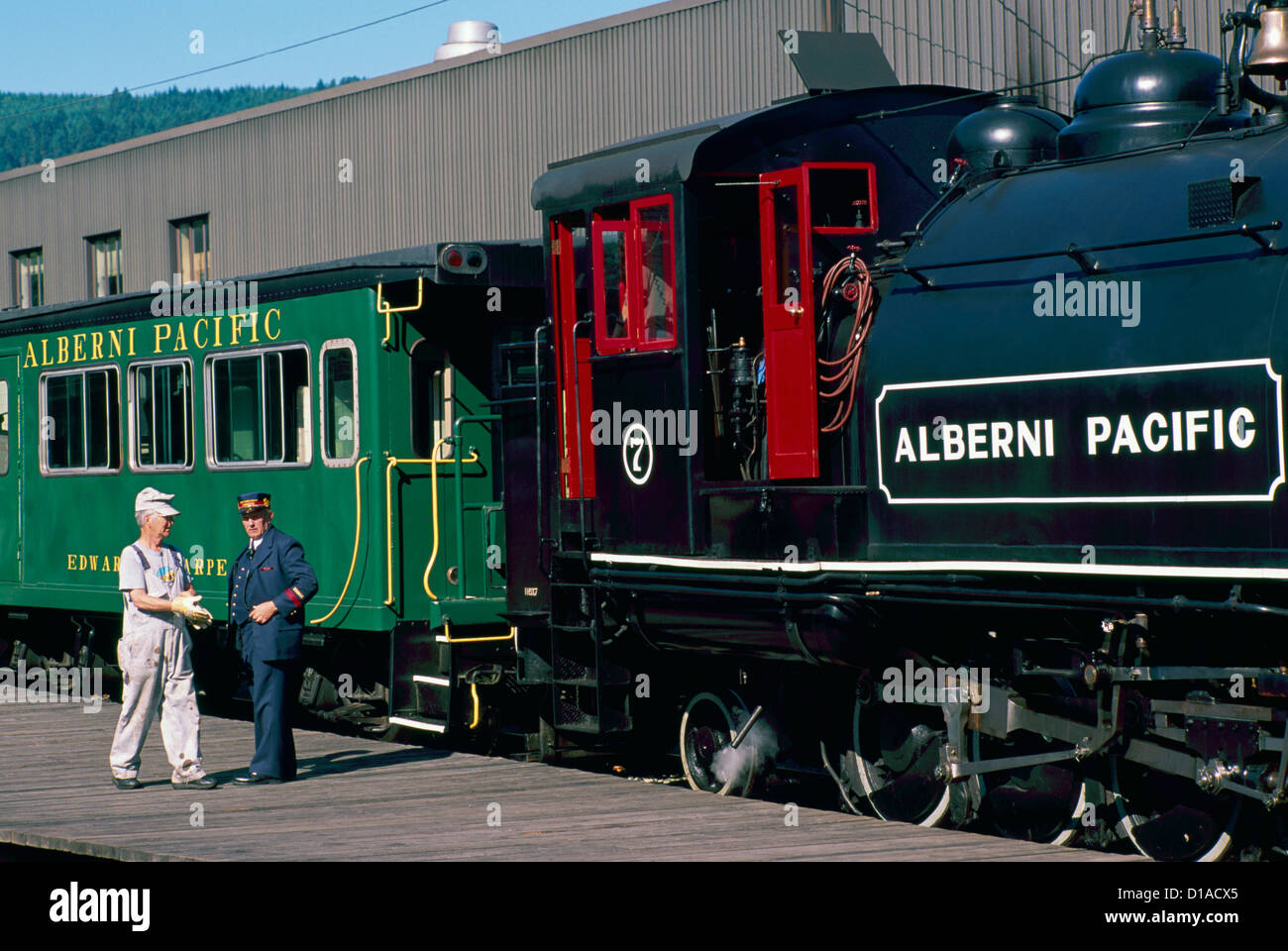 Steam Train Engine Locomotive, Port Alberni Railway Station, Vancouver Island, BC, British Columbia, Canada - Historic Trains Stock Photo