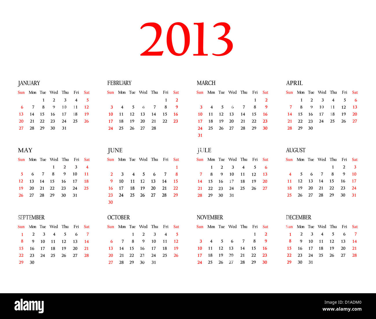 Template of Calendar 2013 for design. Weeks start on Sunday Stock Photo ...