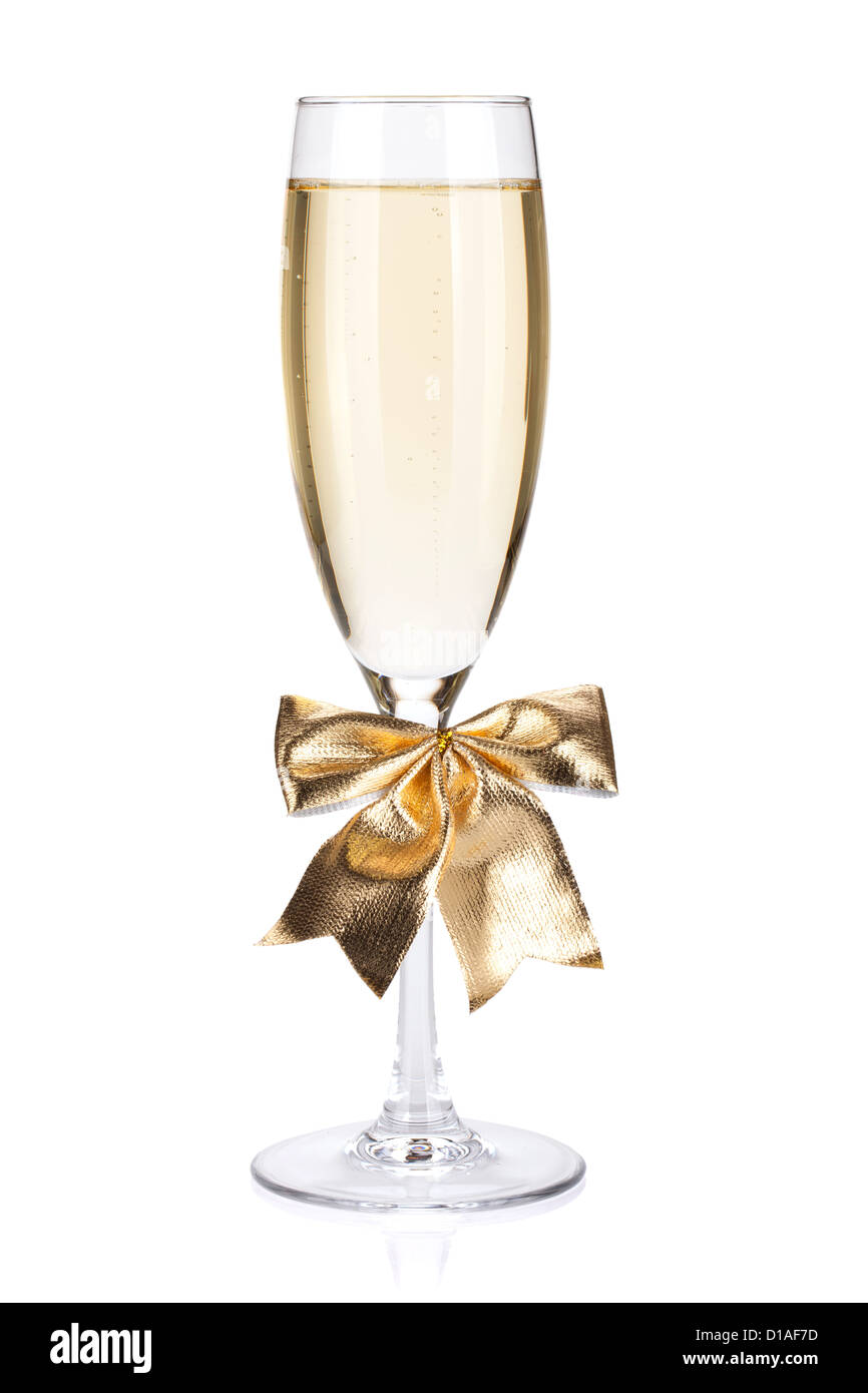 Champagne glass with bow decor. Isolated on white background Stock Photo