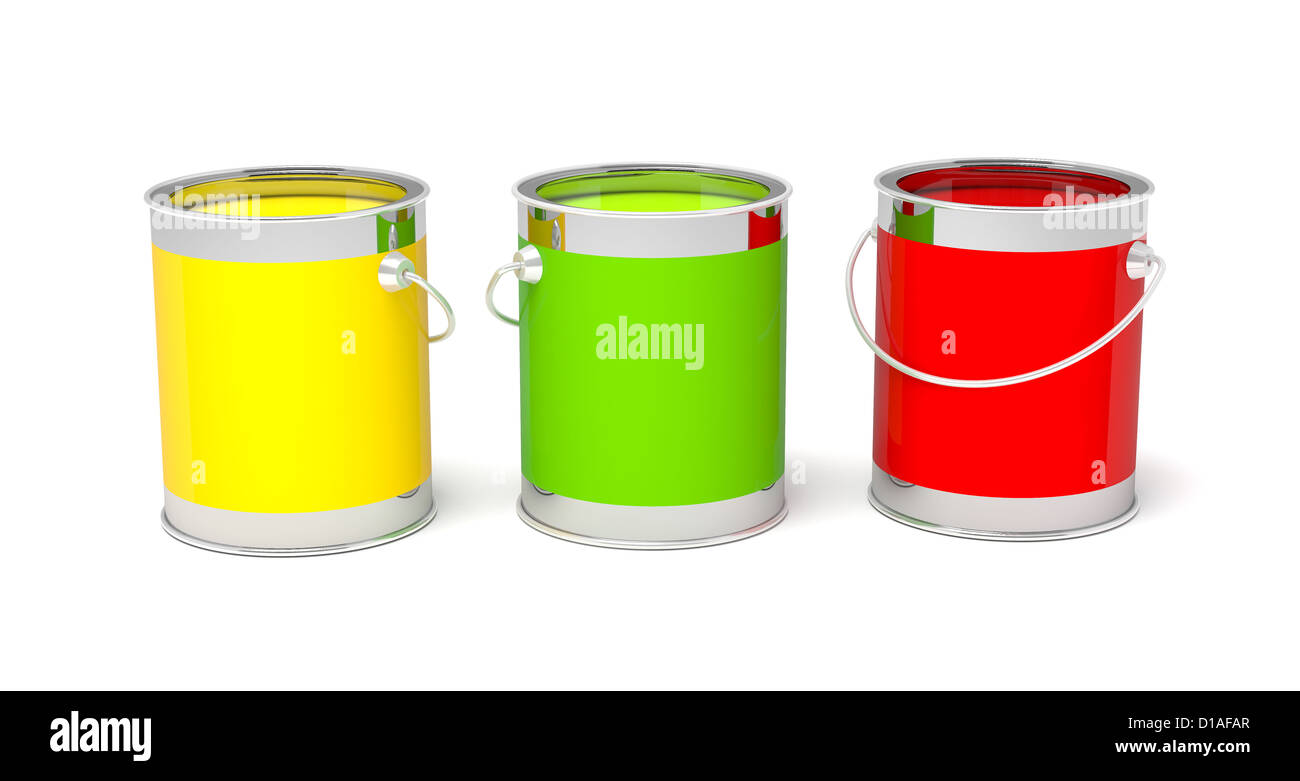Spilled Paint Cans Isolated On White Background RGB Concept Stock