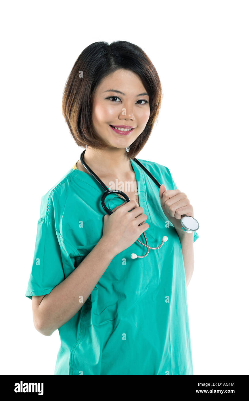 Portrait of a cute Female Chinese doctor wearing a medical clothing