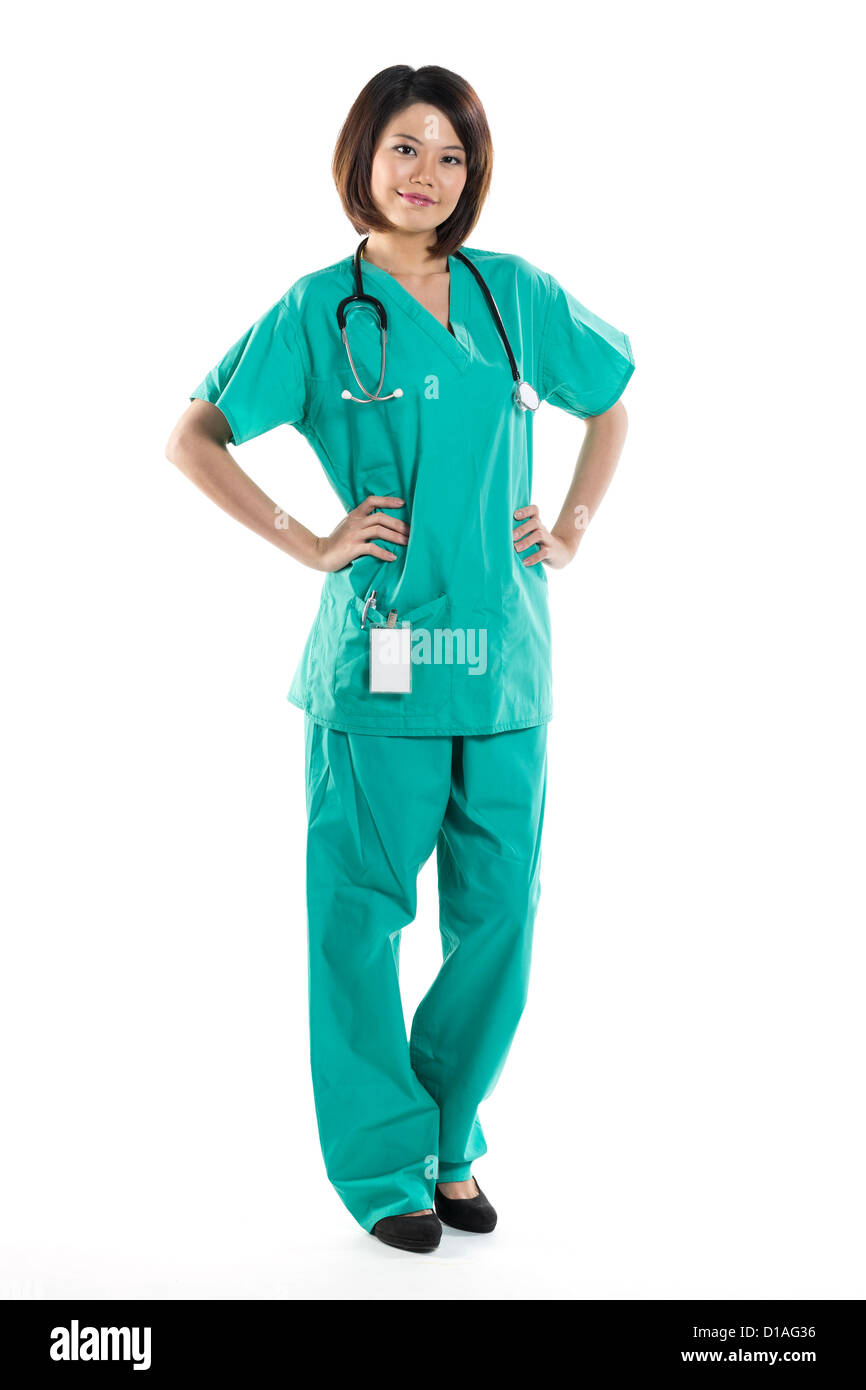 Chinese woman doctor wearing a green Scrubs and stethoscope. Isolated ...