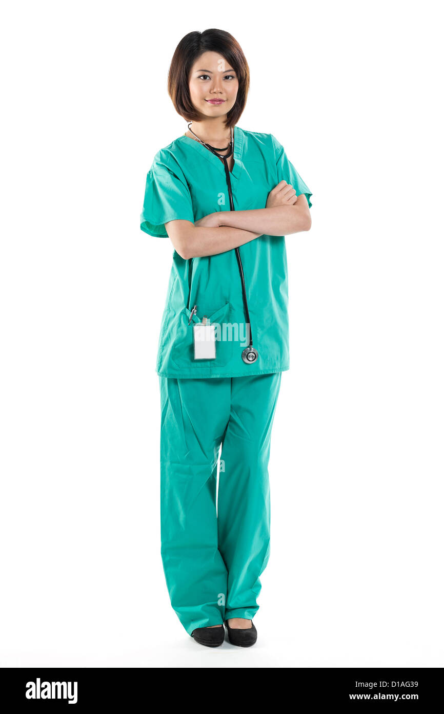 Chinese woman doctor wearing a green Scrubs and stethoscope. Isolated on  white. Full length Portrait Stock Photo - Alamy