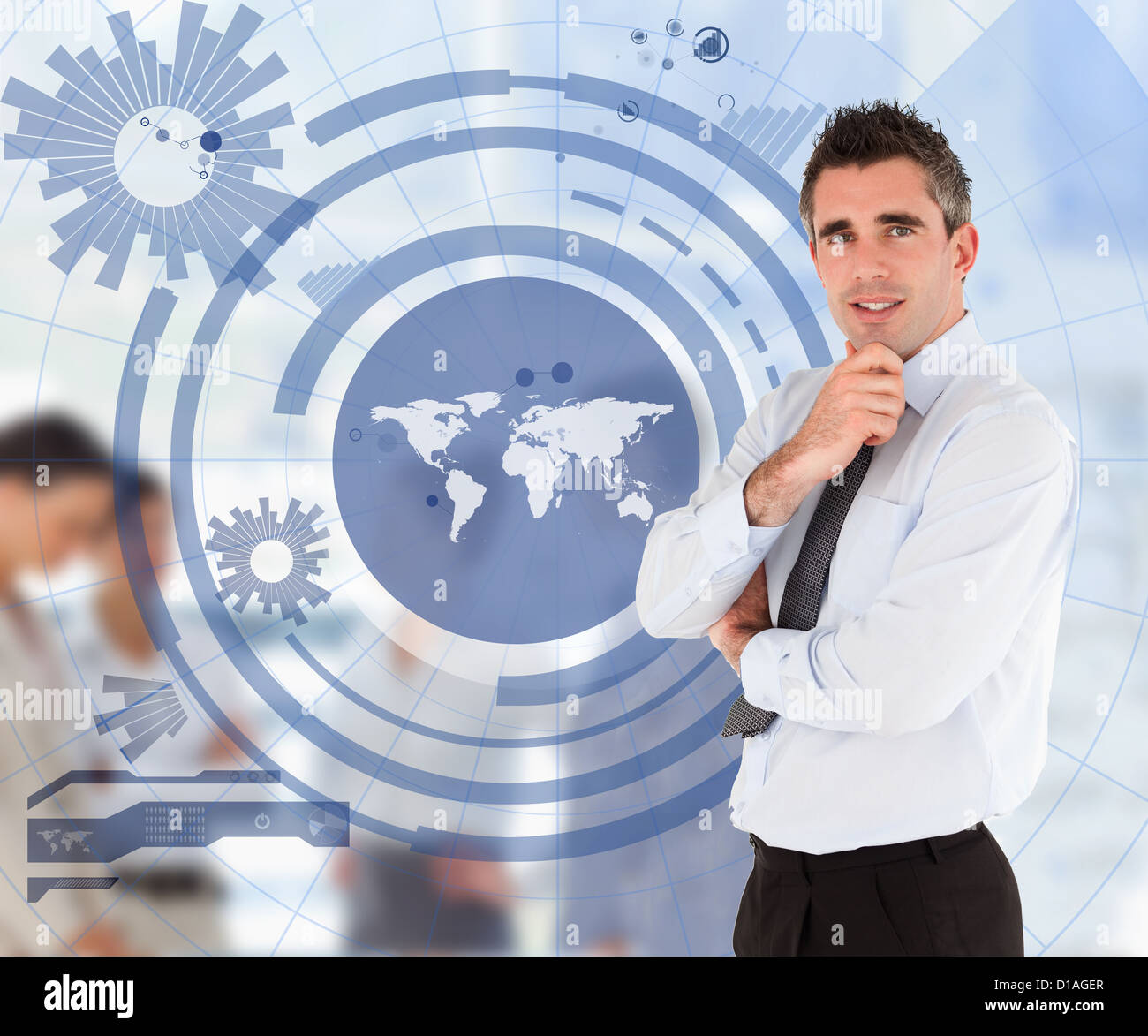 Salesman with a blue world map illustration Stock Photo