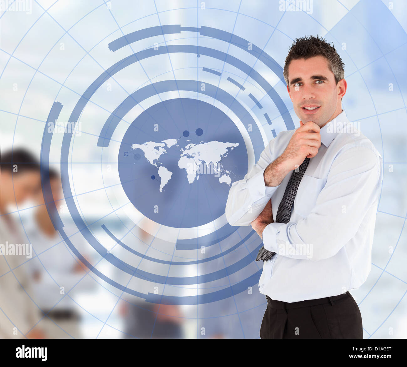 Businessman with a world map illustration Stock Photo