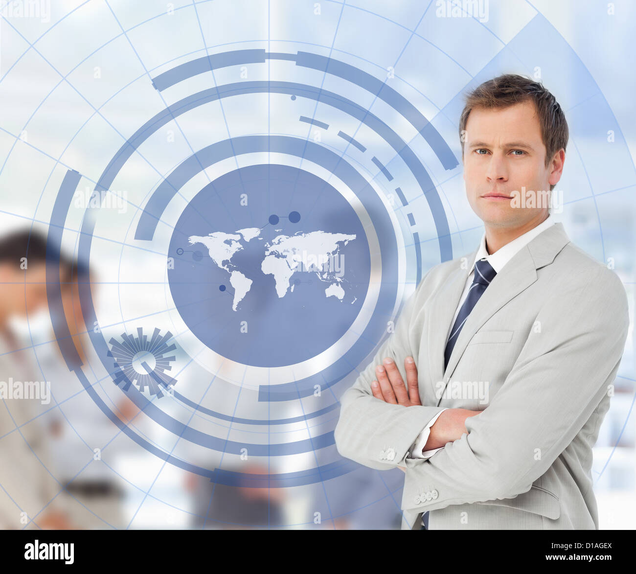 Salesman with a world map illustration Stock Photo