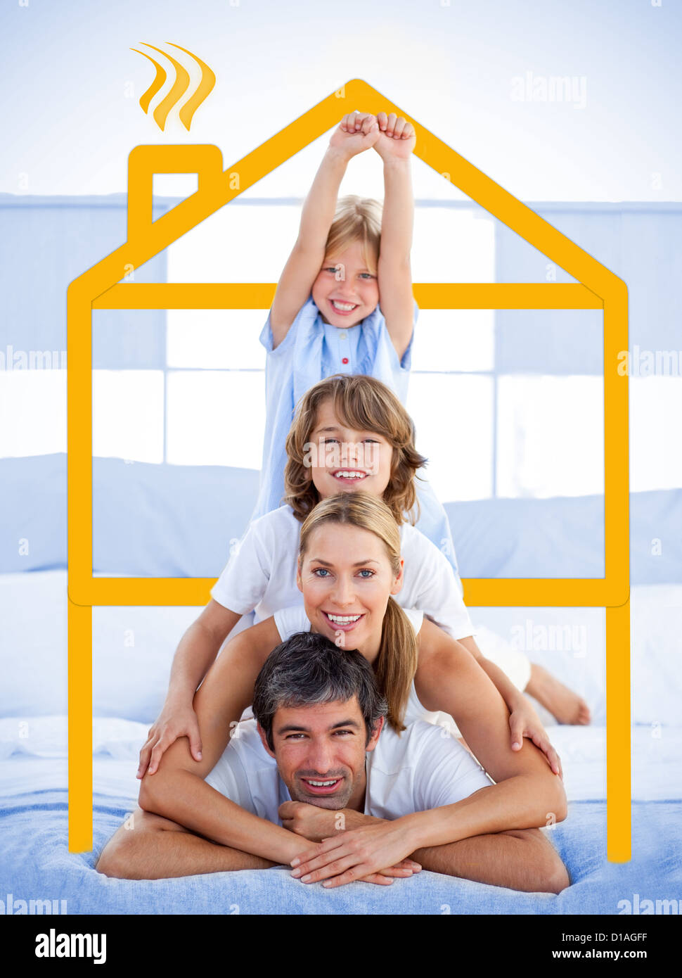Family having fun with yellow house illustration Stock Photo
