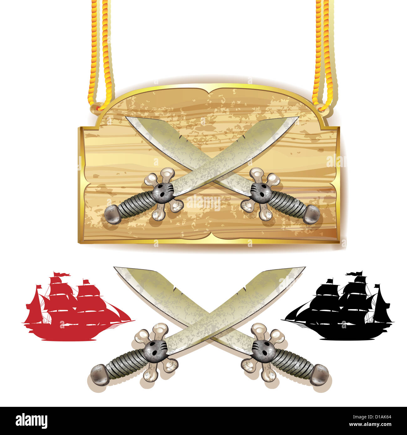 Pirate swords over wood banner and white Stock Photo - Alamy