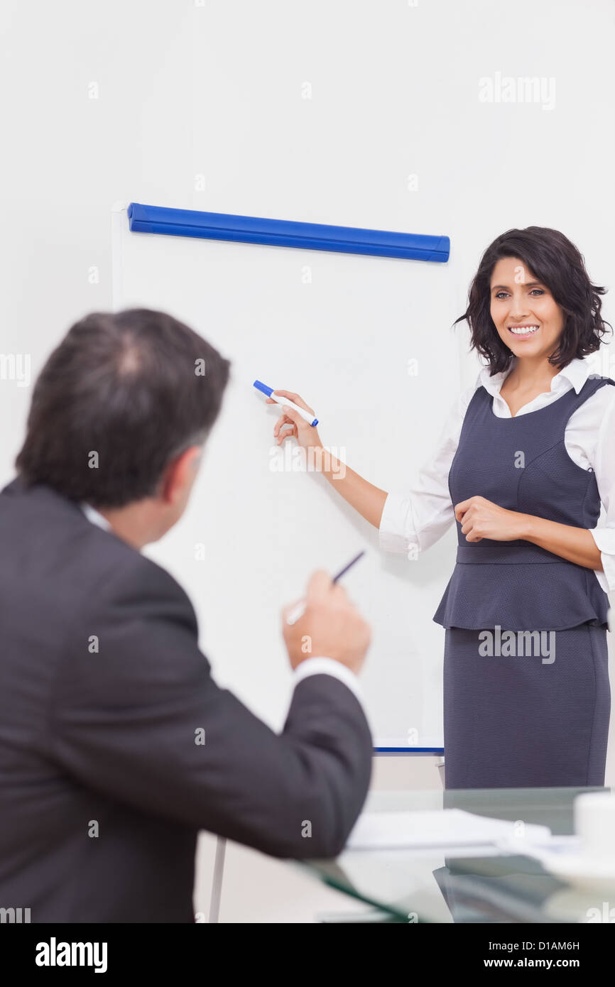 Businesswoman listening to a question and explaining with her marker ...
