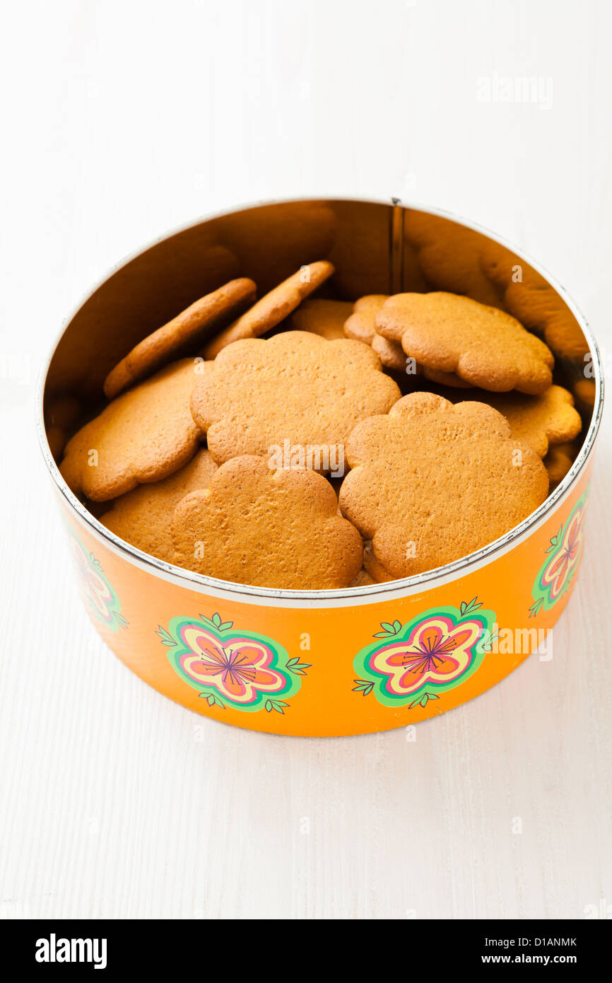 Gingerbread biscuits in decorative metal tin container on white