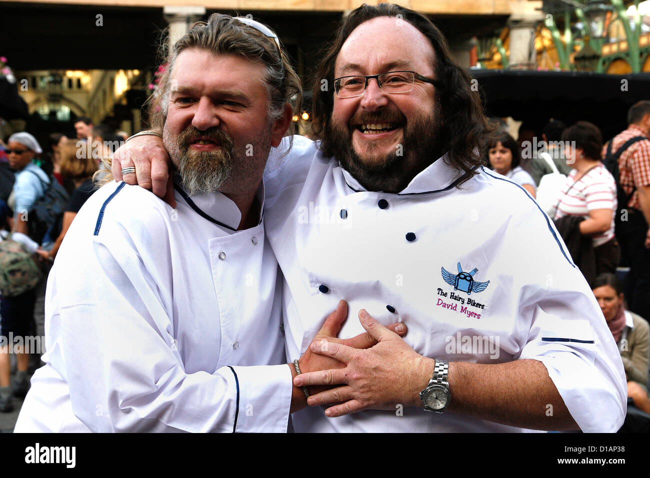 TV chefs The Hairy Bikers Simon King (front) and David Myers arrive in Covent Garden London Stock Photo