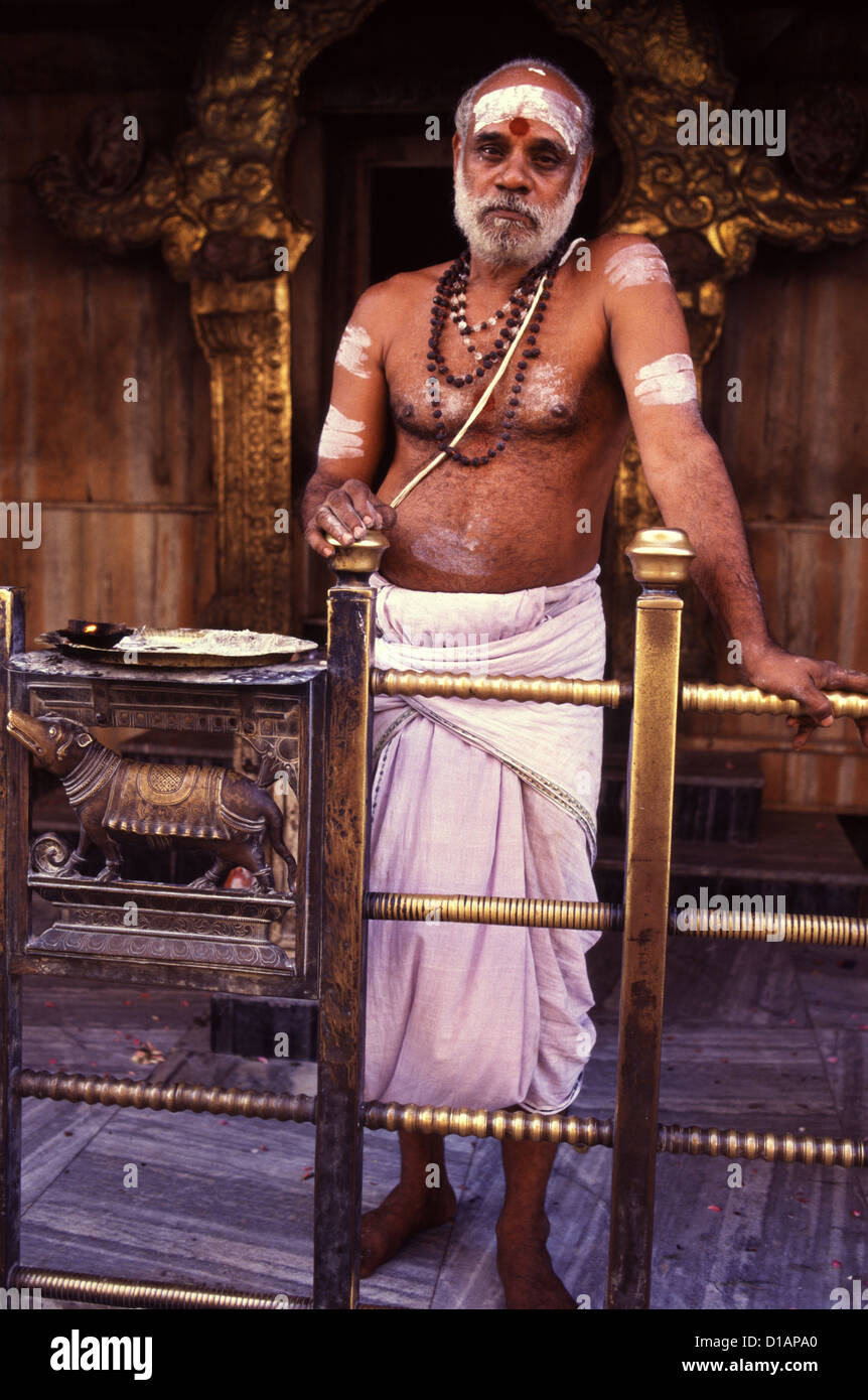 Hindu priest in traditional clothing with Tilaka religious face paint at Kapaleeshwarar Temple in Madras Tamil Nadu India Stock Photo