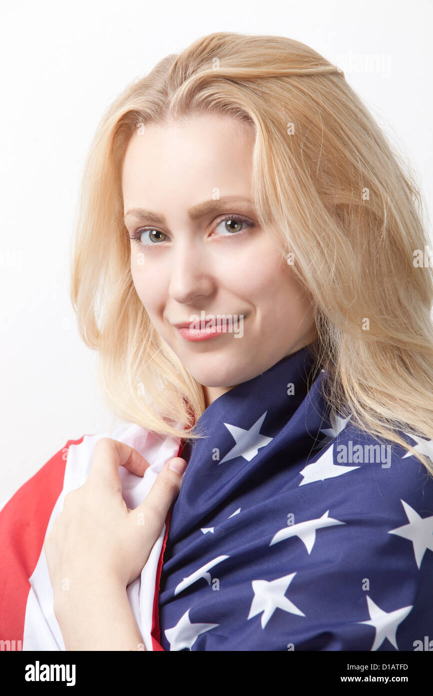 Portrait beautiful young Caucasian woman wrapped in American flag Stock ...