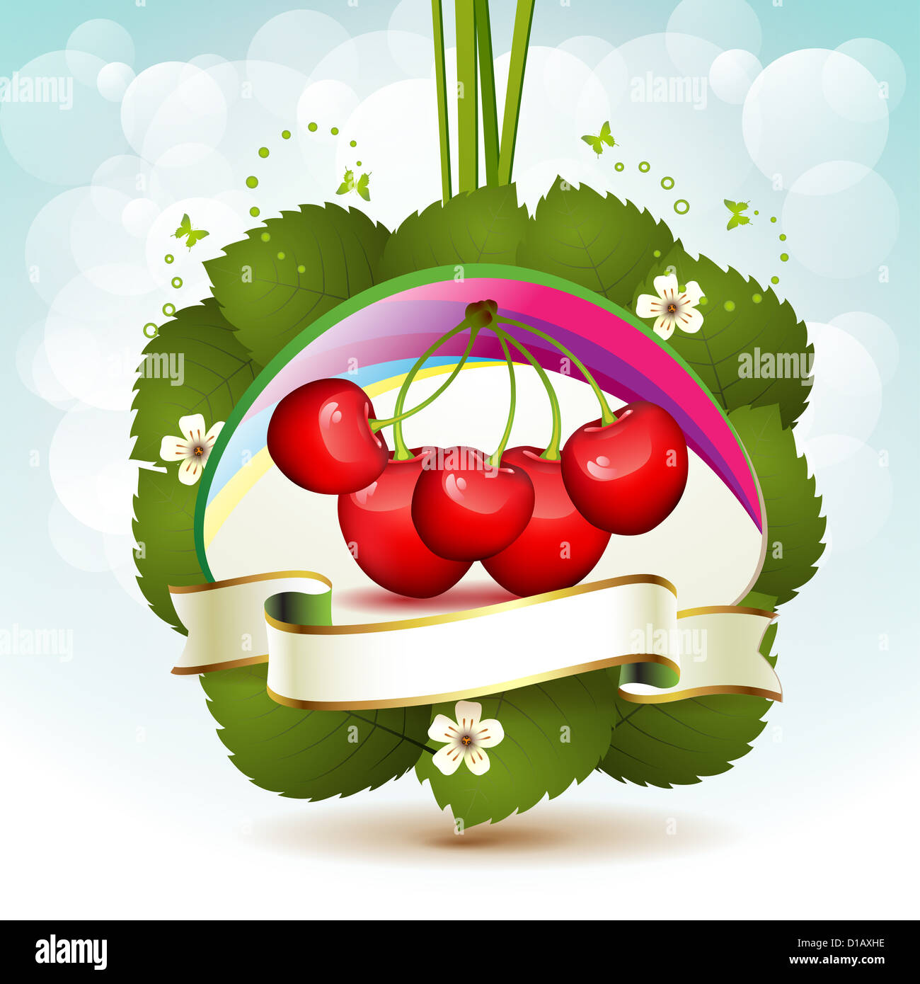 Ripe cherry over frame with leaves and flowers Stock Photo - Alamy