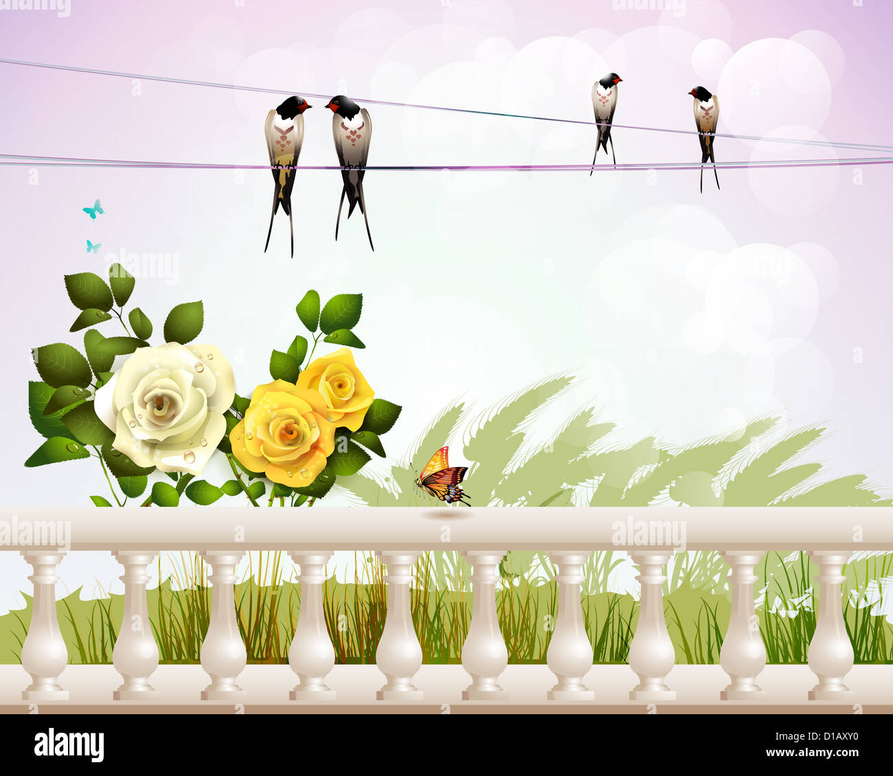 Landscape with columns and roses Stock Photo - Alamy