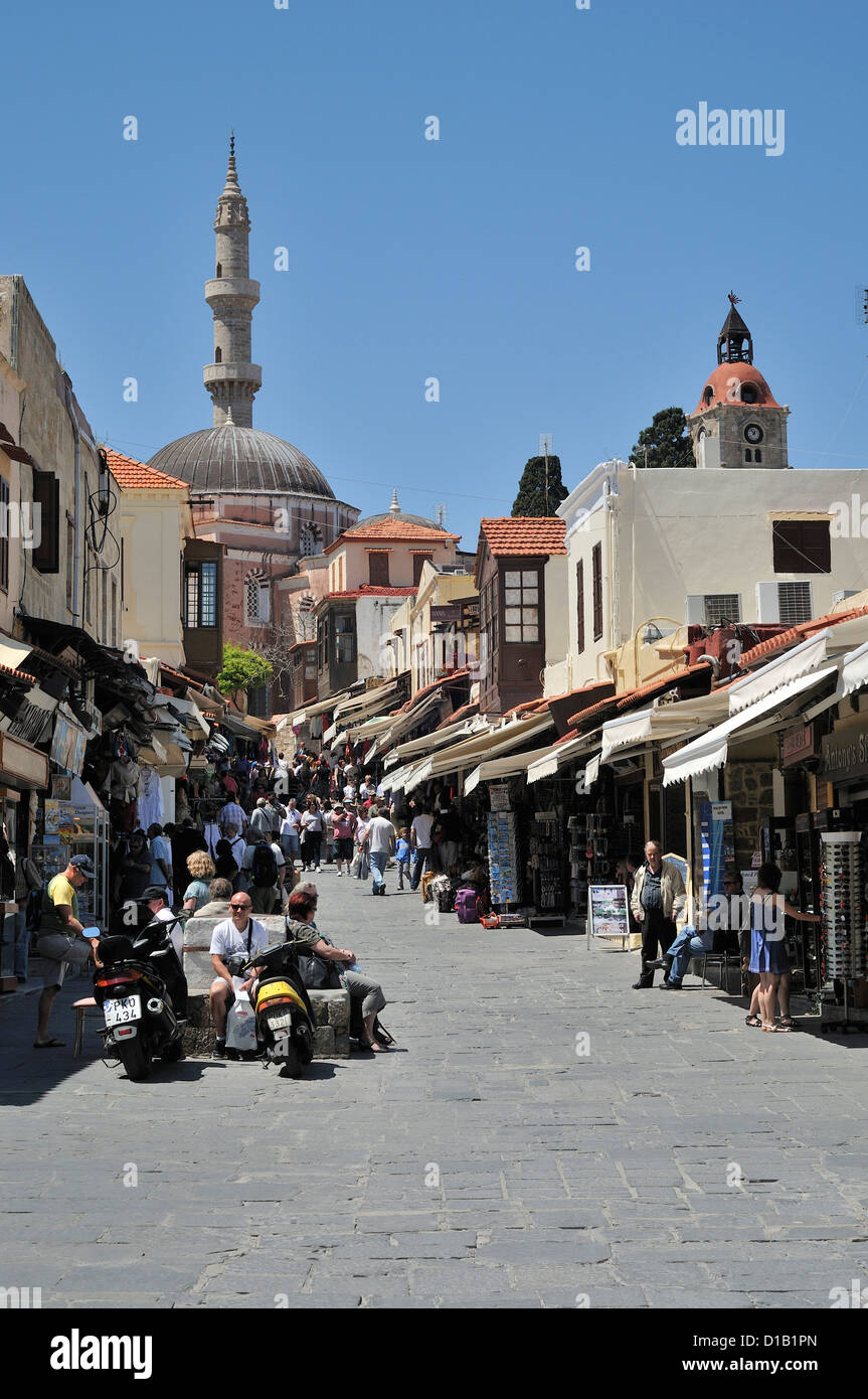 Rhodes. Dodecanese Islands. Greece. Sokratous (Street) & the Mosque of Suleyman. Stock Photo