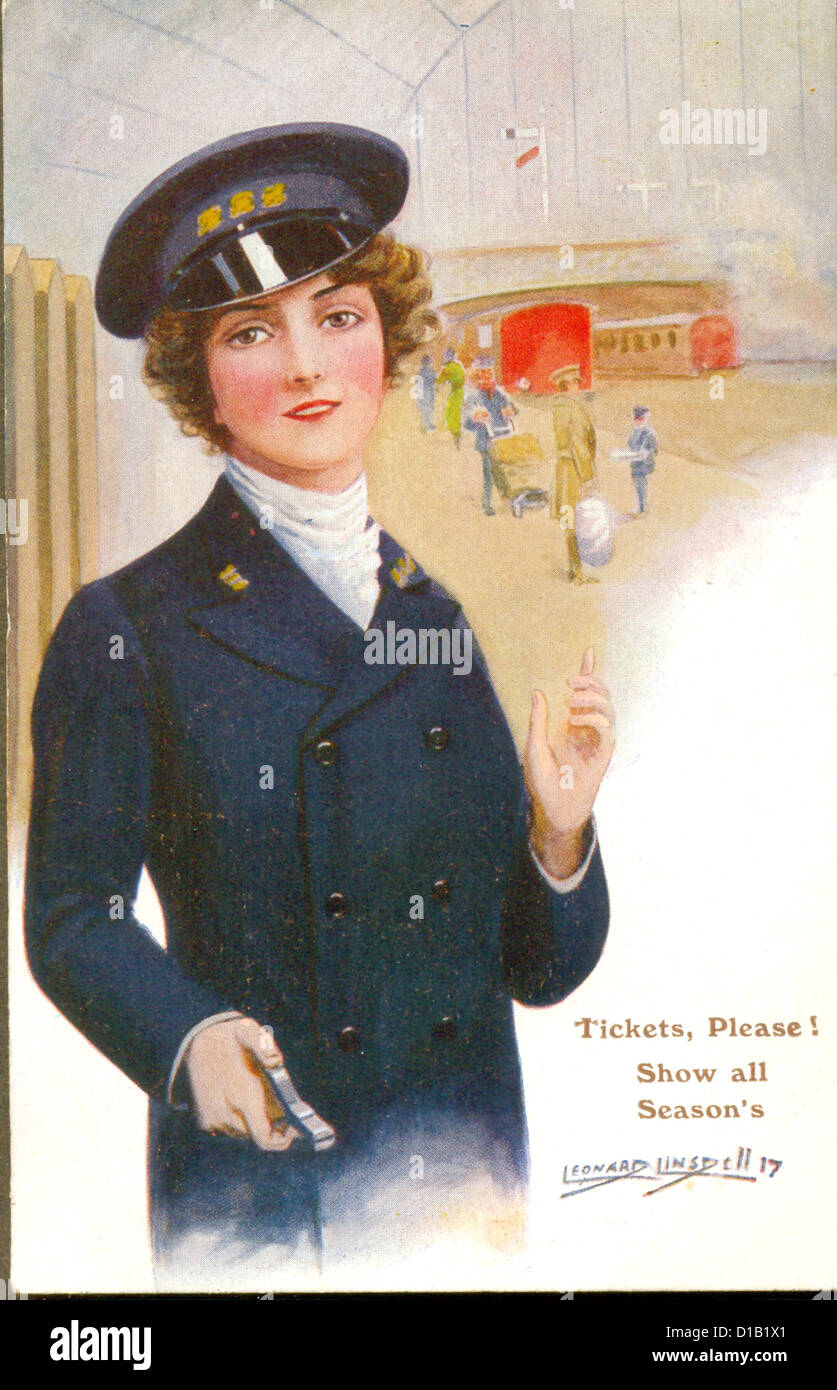 World War One postcard of woman railway ticket collector Stock Photo