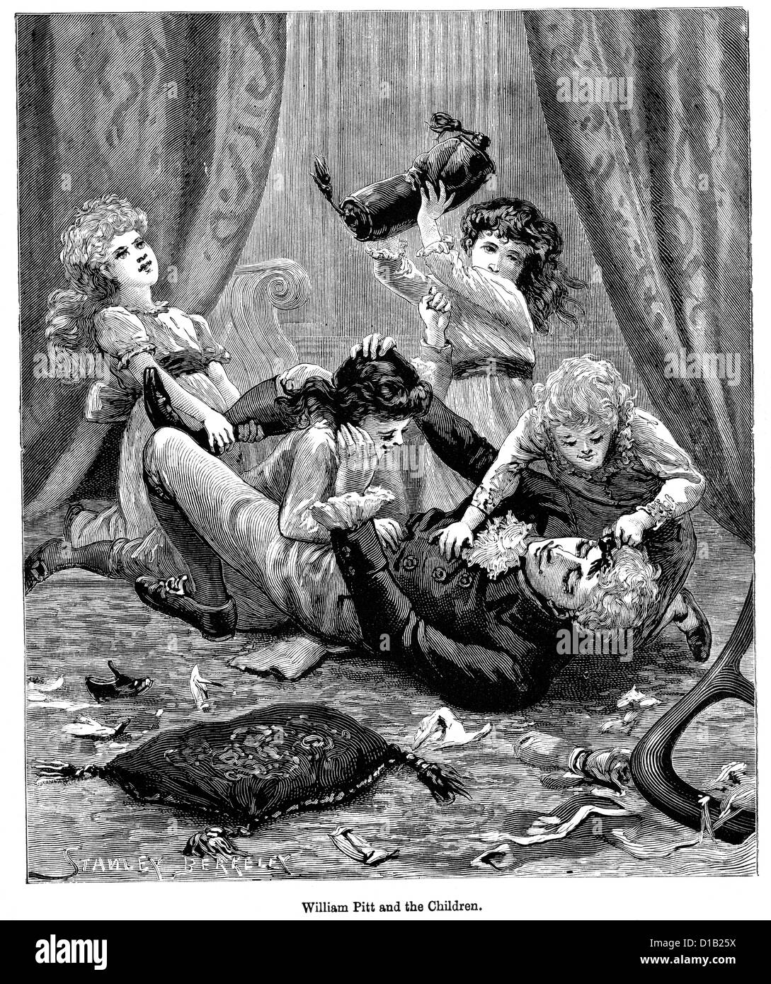 Victorian engraving of a William Pitt playing with his Children Stock Photo