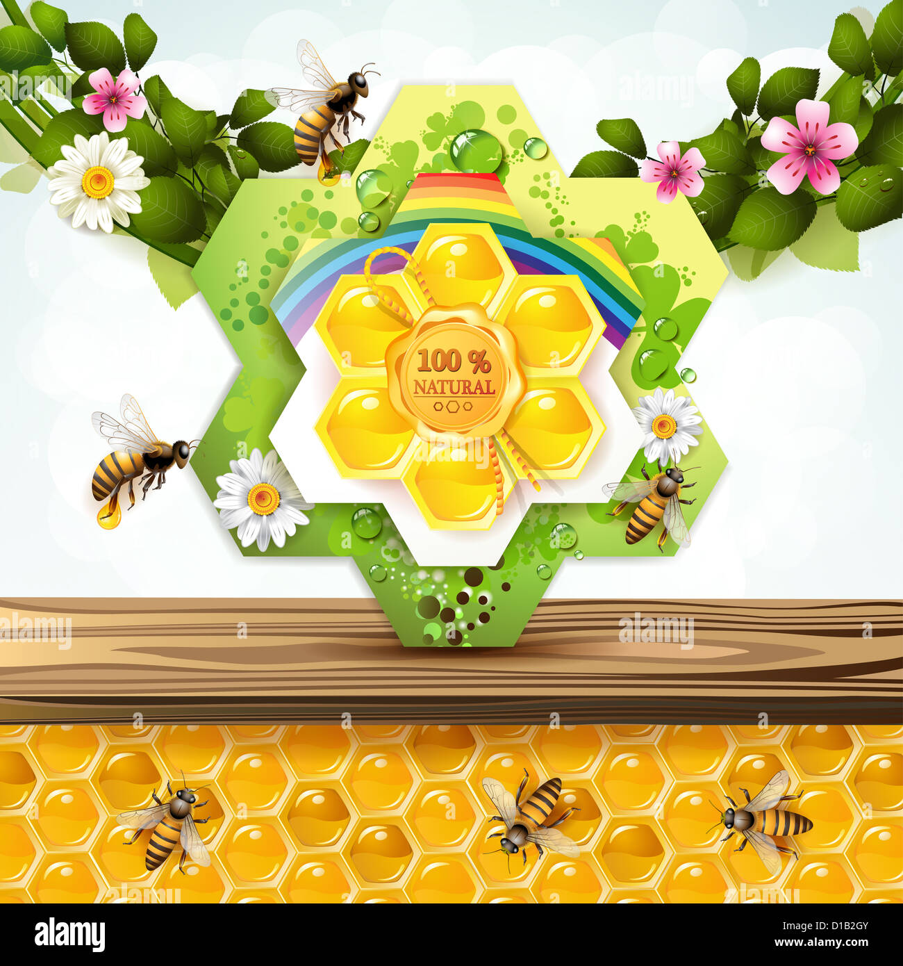 Bees and honeycombs with floral frame Stock Photo - Alamy