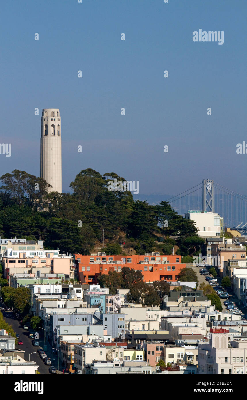 A view of Coit Tower located on Telegraph Hill in San Francisco, California, USA. Stock Photo