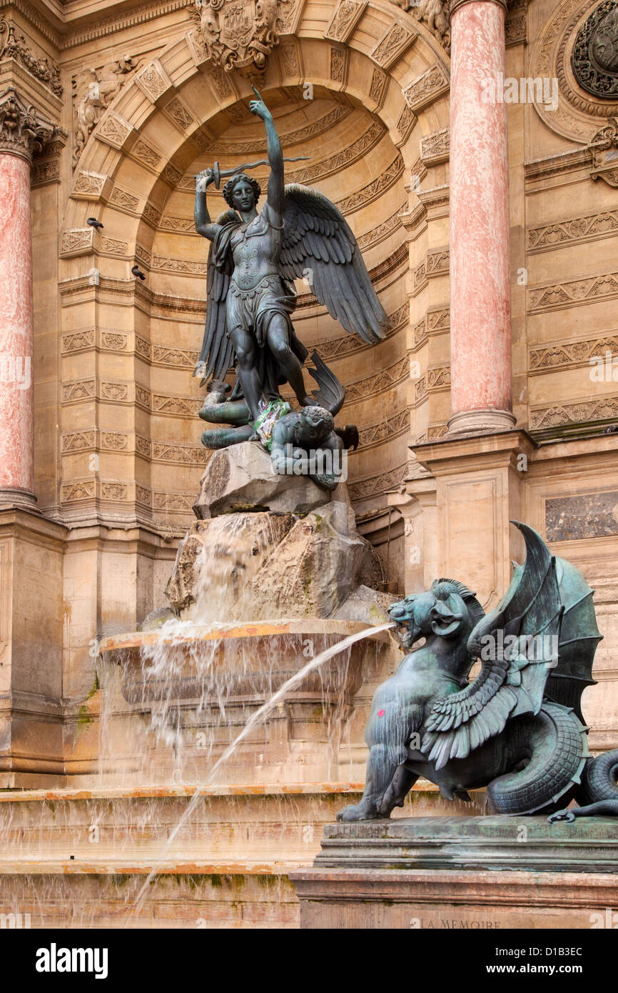 Fontaine Saint Michel, built by Gabriel Davioud (1860) in the Latin Quarter near River Seine, Paris France Stock Photo