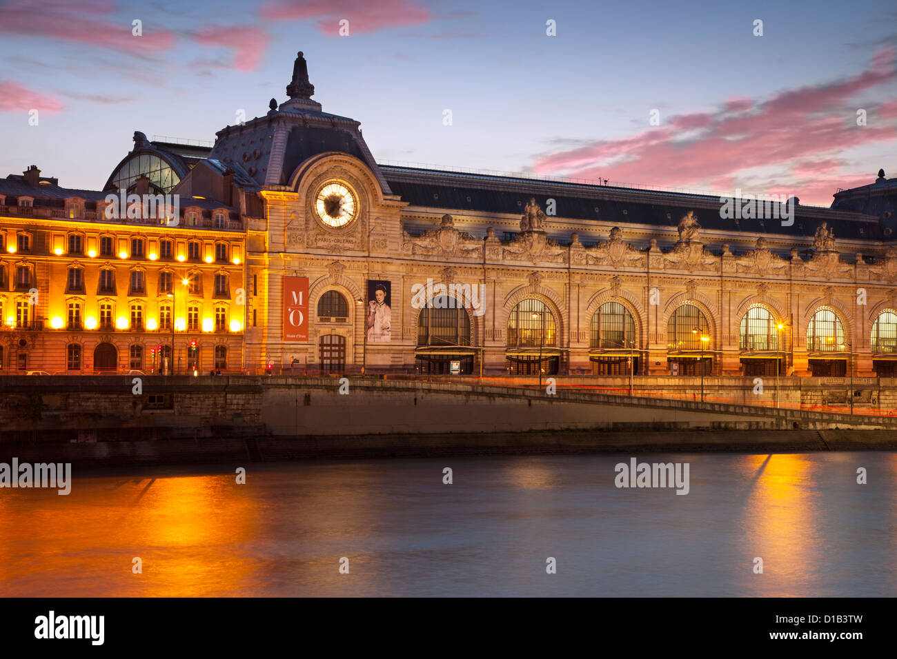 Twilight over Musee d'Orsay and the River Seine, Paris France Stock Photo