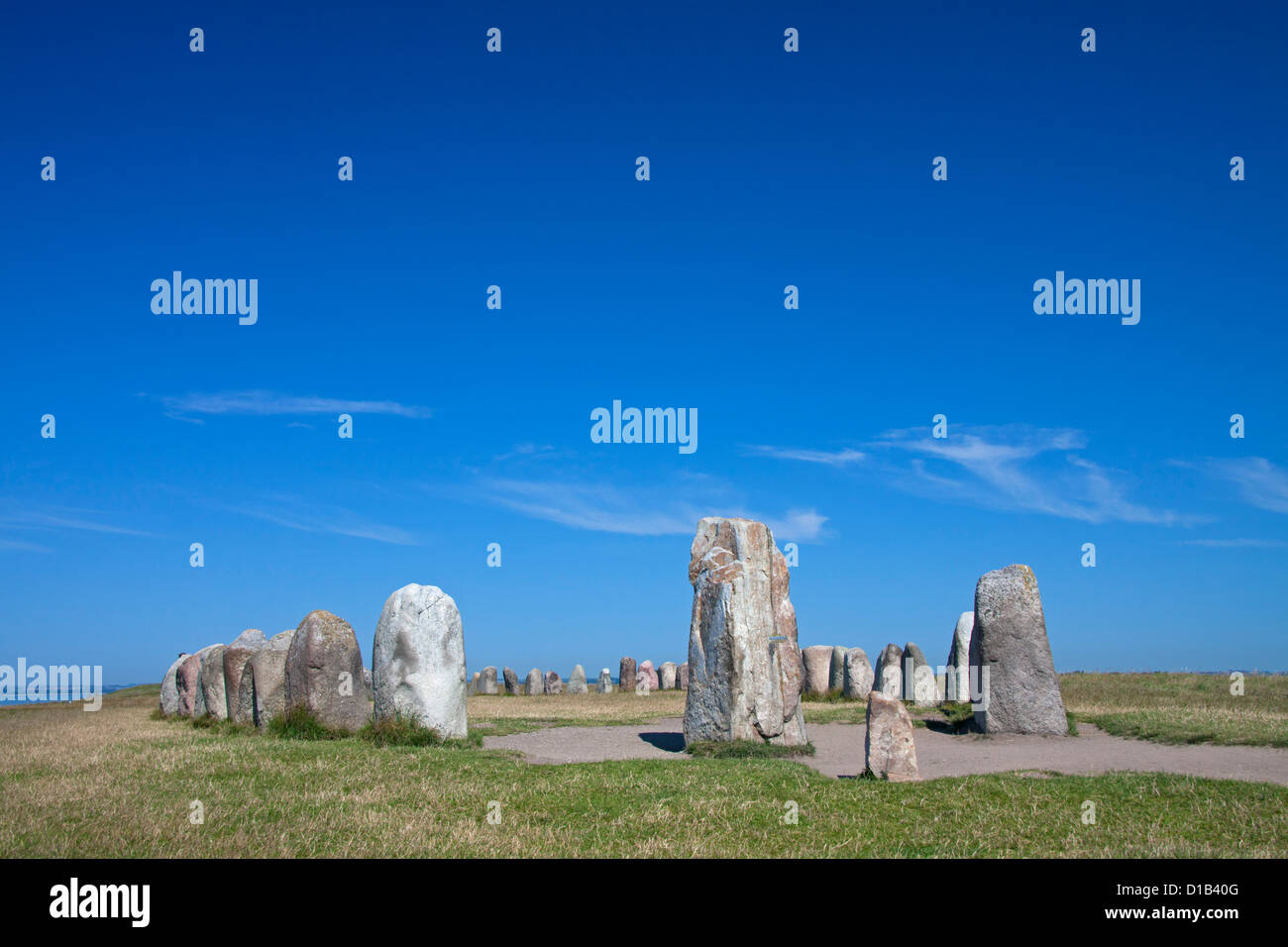 Ale's Stones / Ales stenar, megalithic stone circle monument representing stone ship near Kåseberga in Scania / Skåne, Sweden Stock Photo