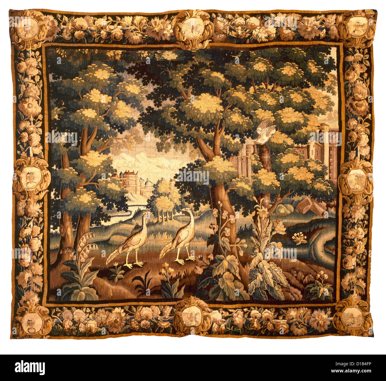 Medieval tapestry fabric pattern with classical landscape ornament
