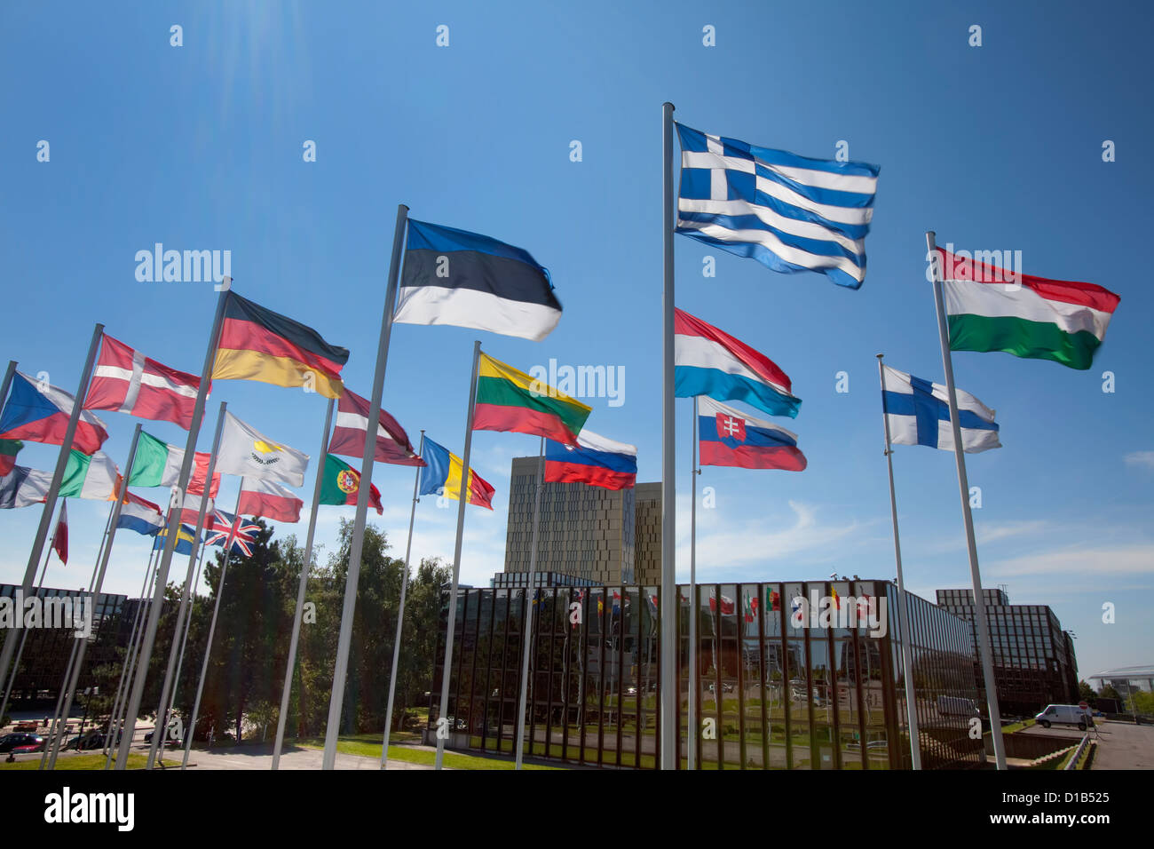 International flags, European Commission, Jean Monnet Building, European quarter, Kirchberg plateau, Luxembourg City, Europe Stock Photo
