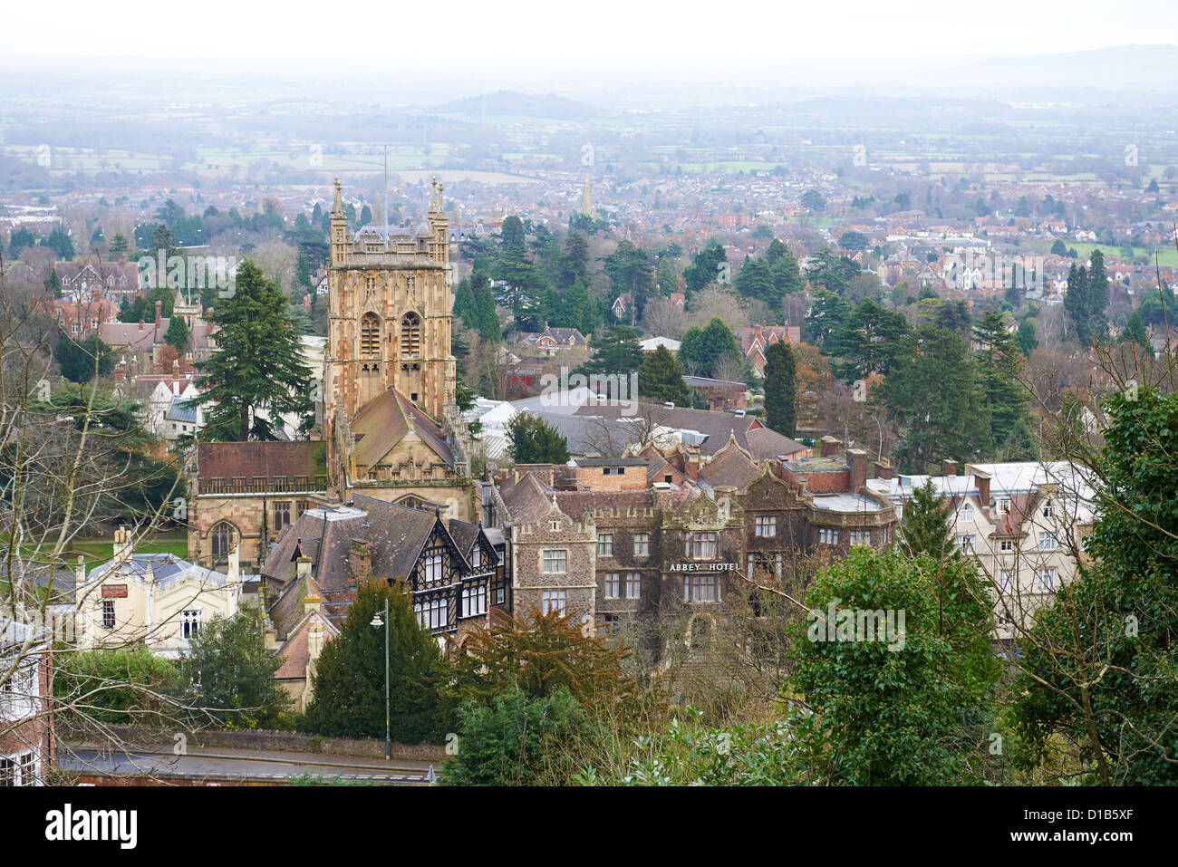 View over the town of Great Malvern with the priory on the left Great Malvern Worcestershire UK Stock Photo