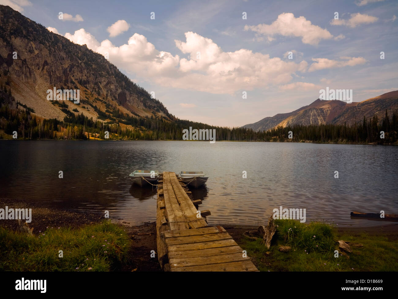 OREGON - Boat dock on Aneroid Lake in the Eagle Cap Wilderness of the Wallowa Mountains in the Wallowa-Whitman National Forest. Stock Photo