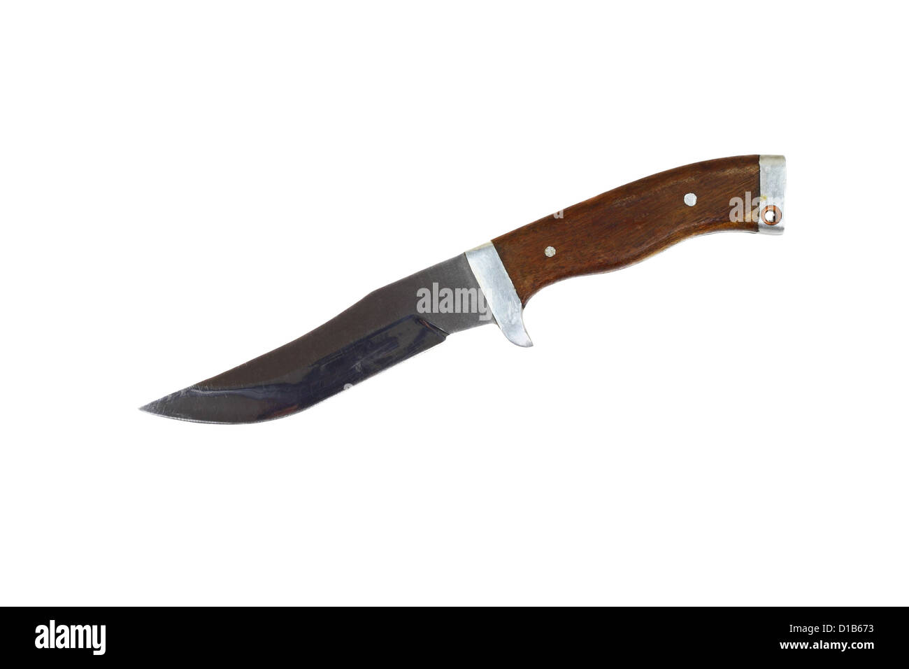 Hunting knife with a short dark blade and wooden handle isolated Stock Photo