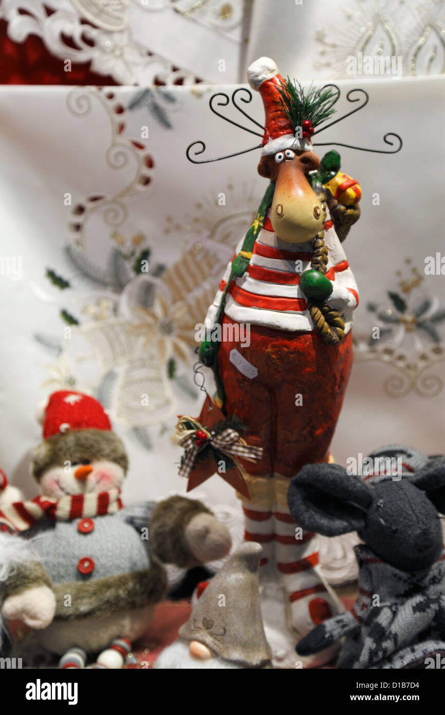 Christmas toys and decorations in a store window display in Bruges