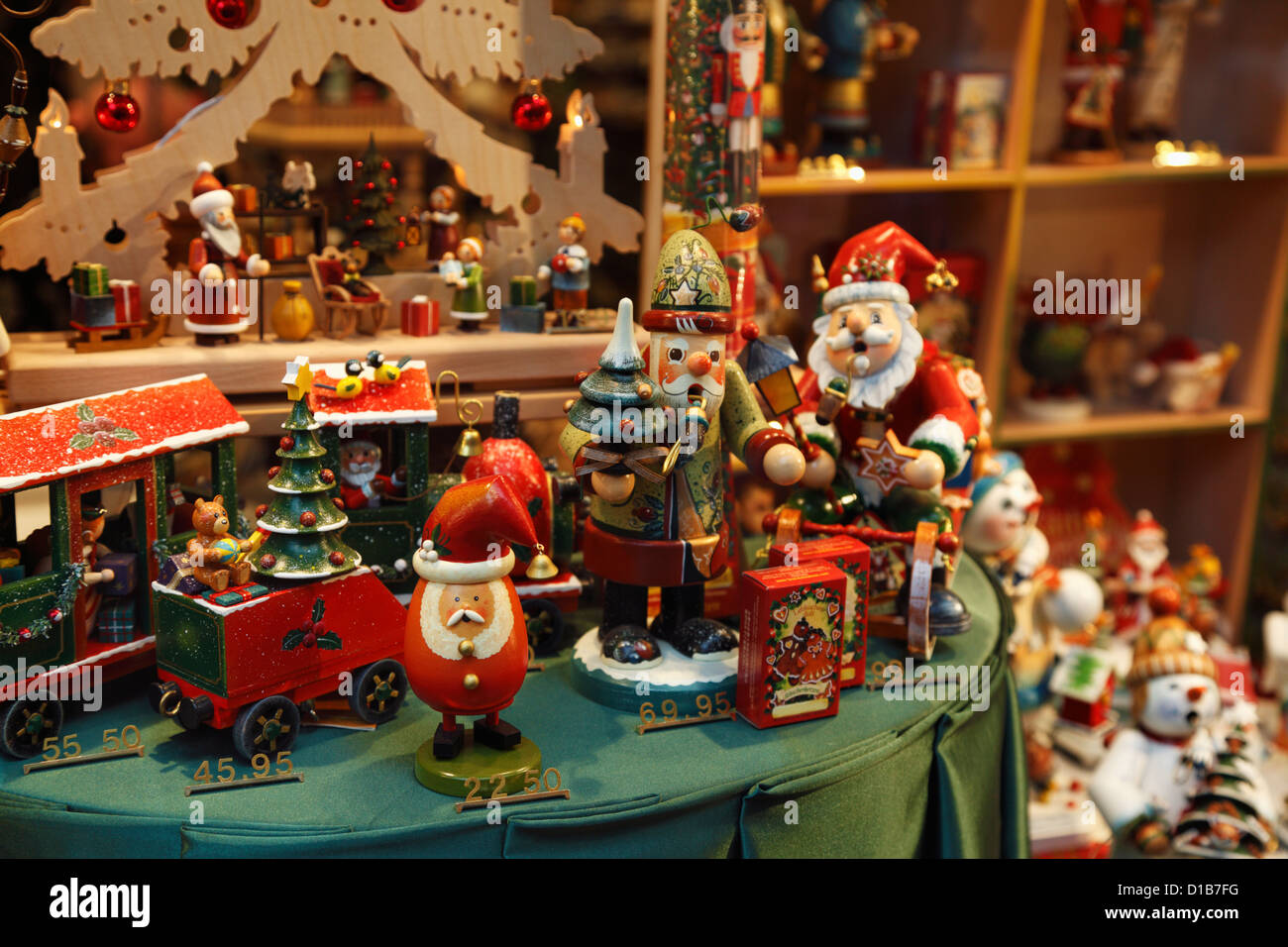 Christmas toys and decorations in a store window display in Bruges ...