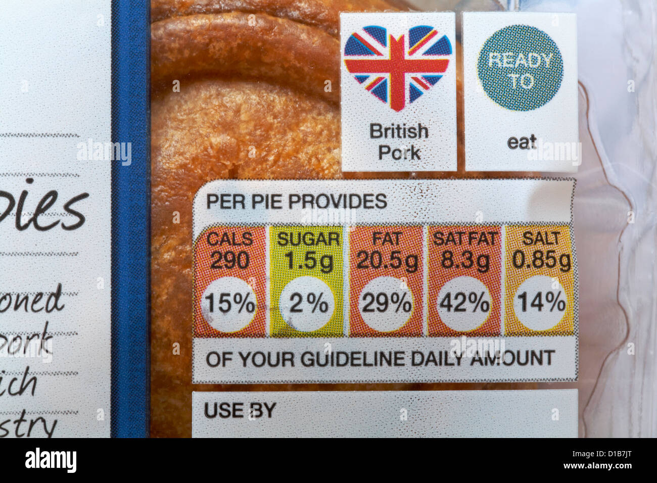 British pork ready to eat symbols with GDA Guideline Daily Amount information on pork pie packaging Stock Photo