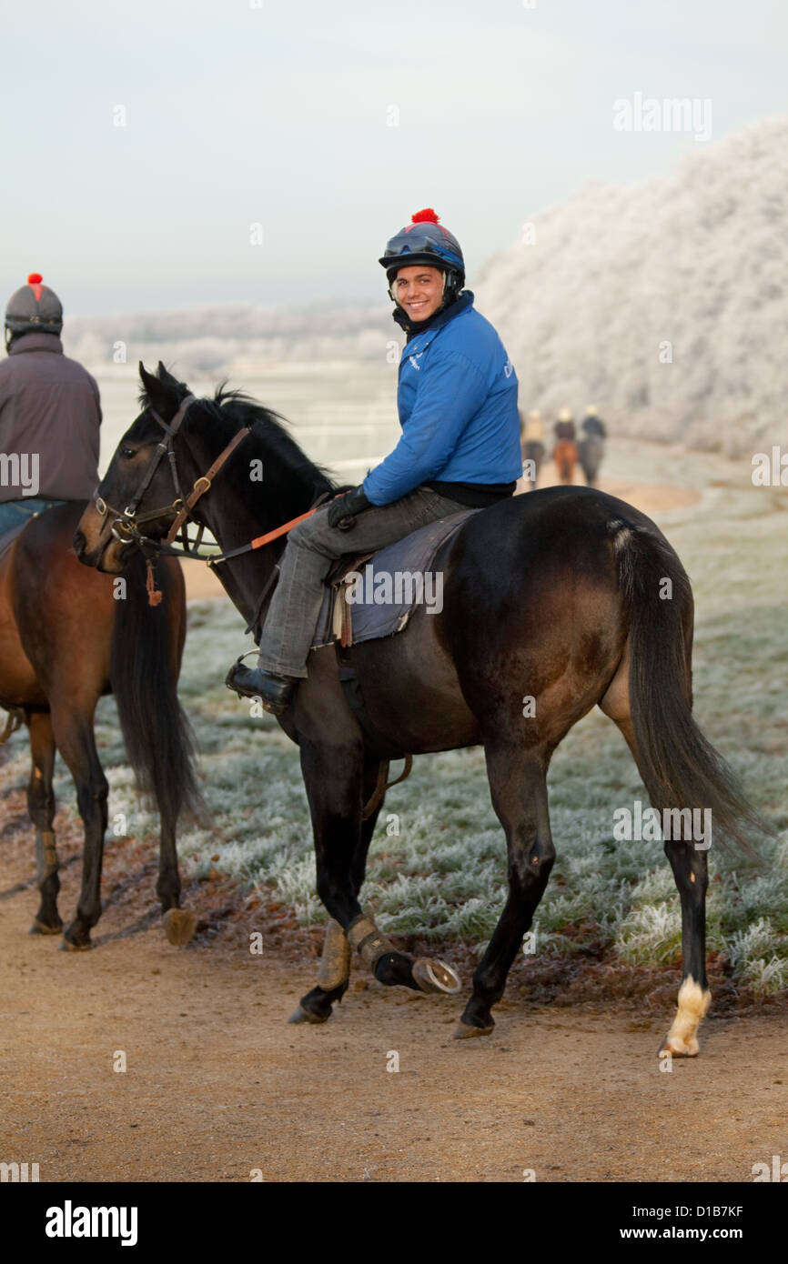 Horse riding UK; A jockey and his horse on a frosty winter morning ...